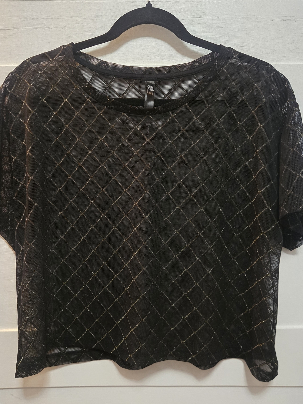 Victorias Secret Black Cropped Sheer Tee with Metallic Diamond Grid